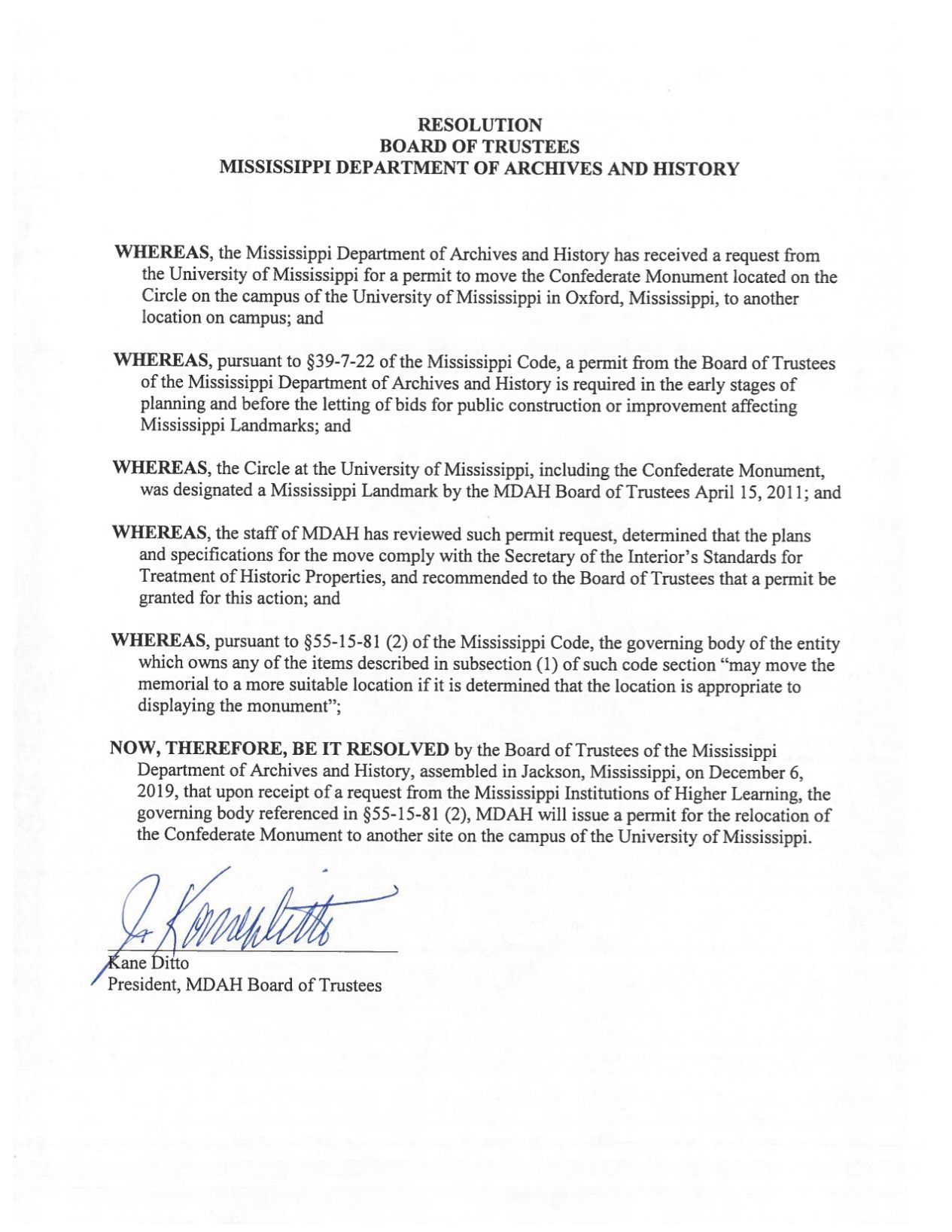 MDAH Resolution re Univ. Miss Monument